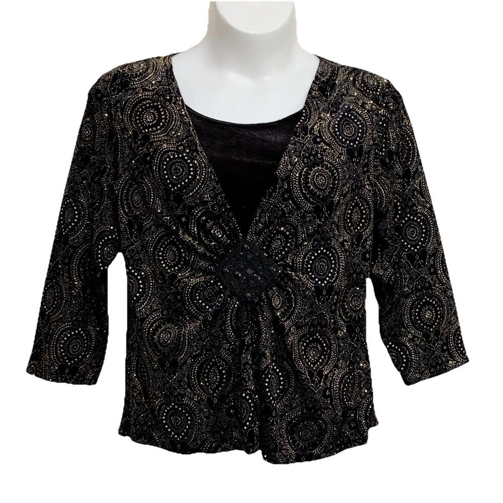 Elementz Top Womens Size XL Black Gold Floral 3/4 Sleeve Asymmetrical Glitter